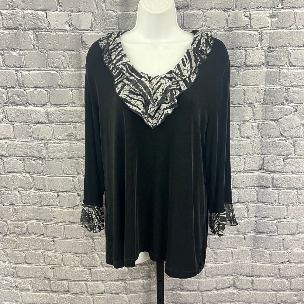 Chico's Travelers Shirt Slinky V-Neck Ruffle Trim Black Size 3 XL 16